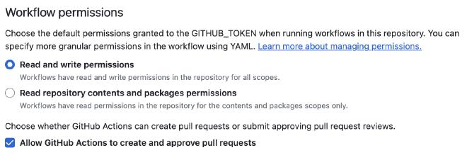 Screen capture of GitHub Workflow Permissions settings
